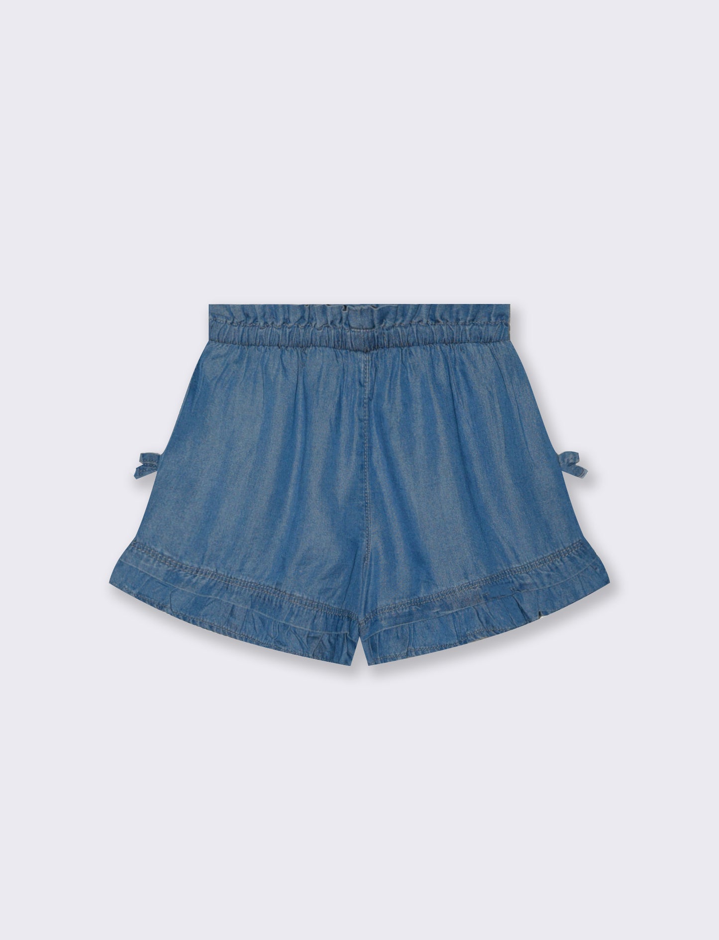 Shorts in chambray con fiocchetti e rouche - Denim