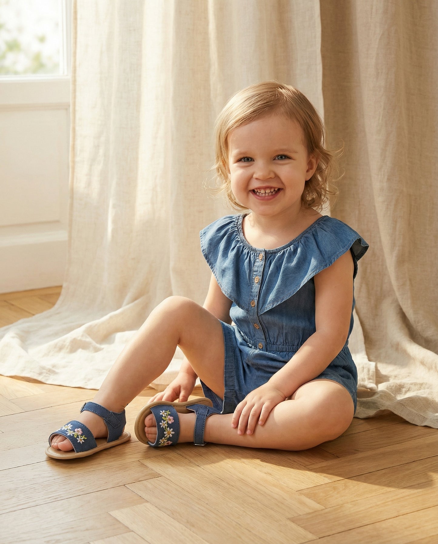Tuta in chambray con rouche e bottoncini - Denim
