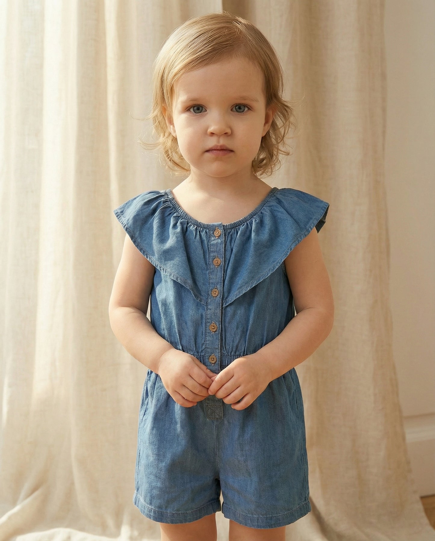 Tuta in chambray con rouche e bottoncini - Denim