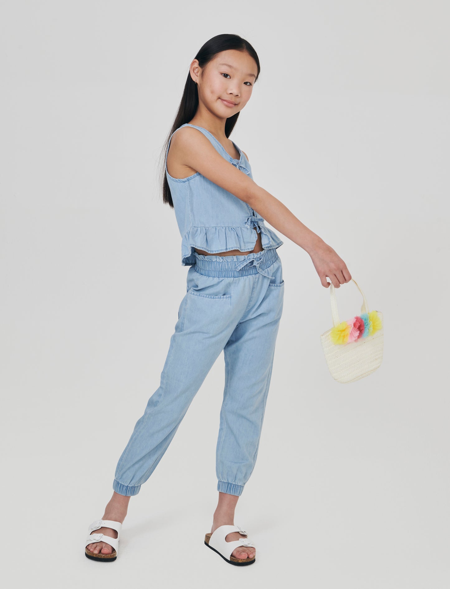 Long chambray joggers with pockets - Blue