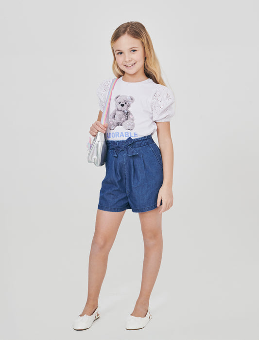 Short in chambray con fiocco decorativo - DENIM SCURO
