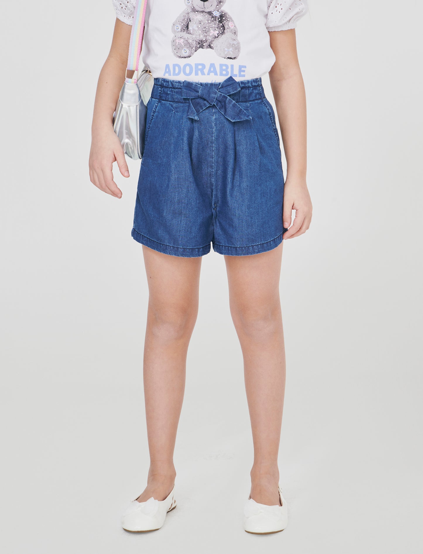 Short in chambray con fiocco decorativo - DENIM SCURO