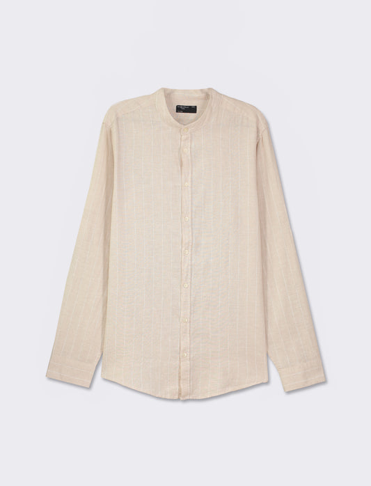 Striped Linen Blend Regular Fit Shirt with Korean Collar - Beige