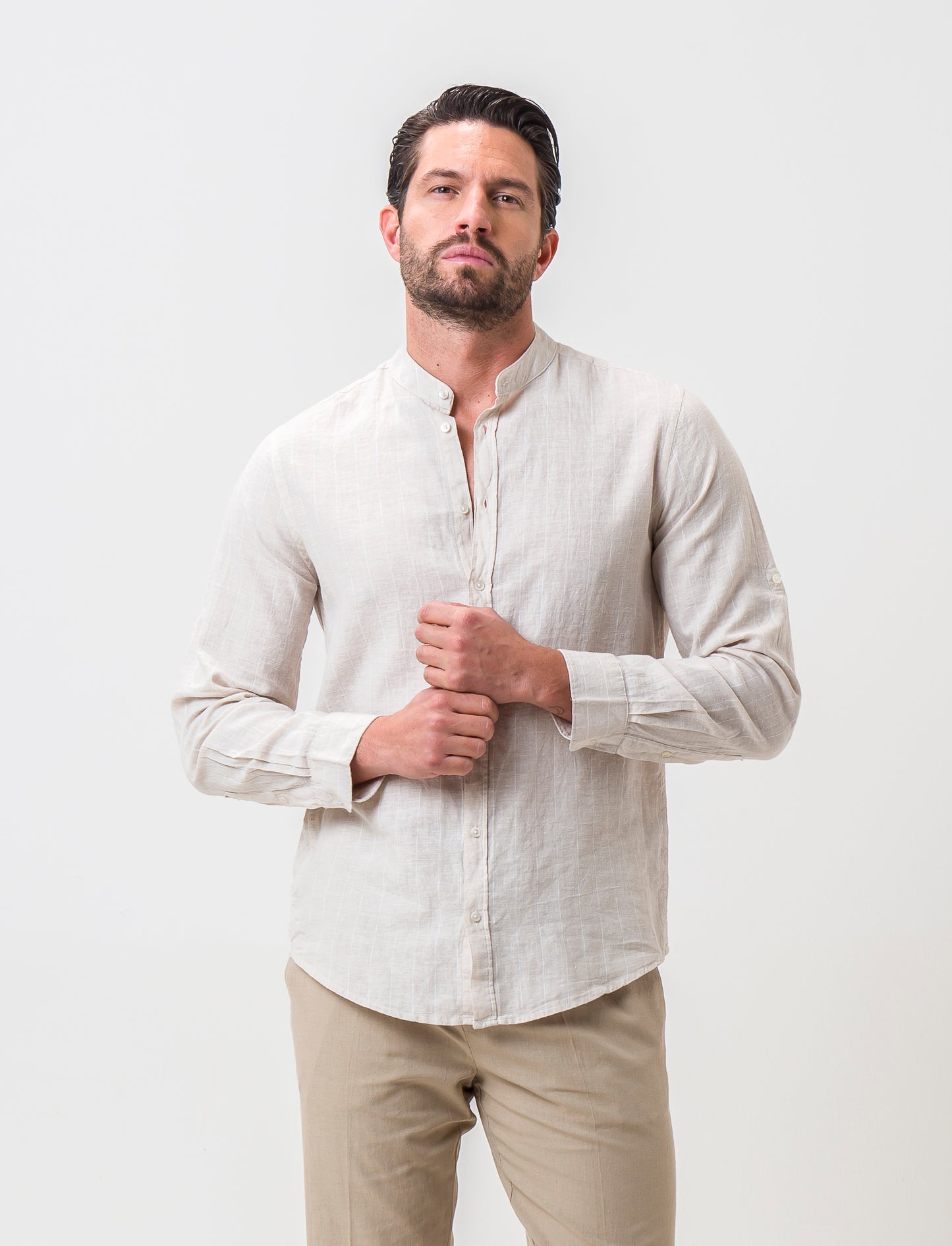 Striped Linen Blend Regular Fit Shirt with Korean Collar - Beige