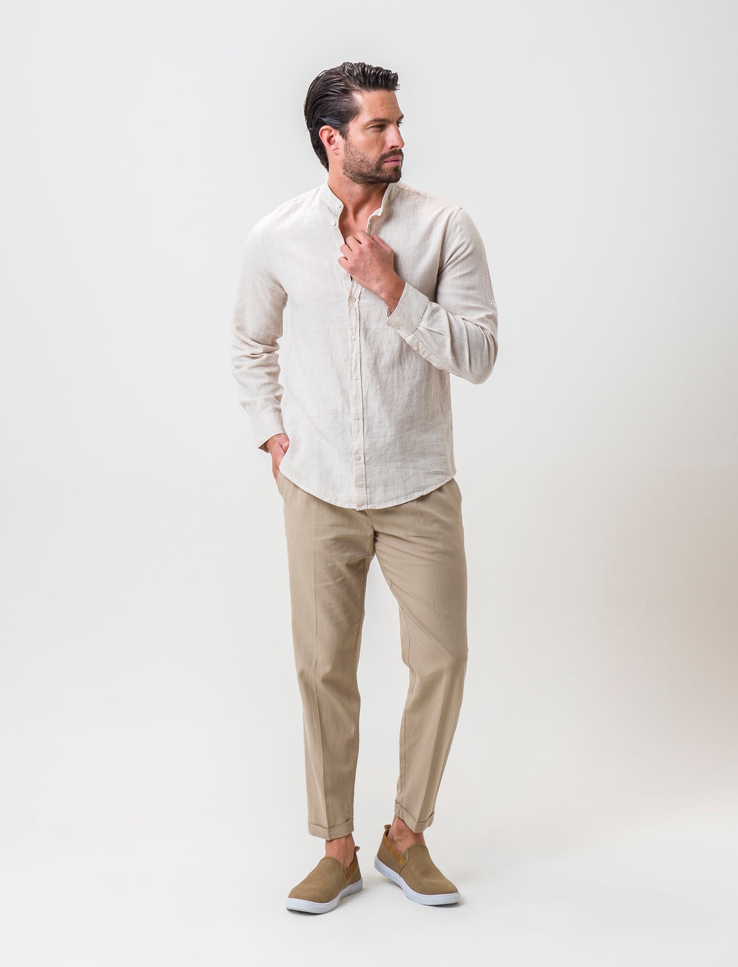 Striped Linen Blend Regular Fit Shirt with Korean Collar - Beige