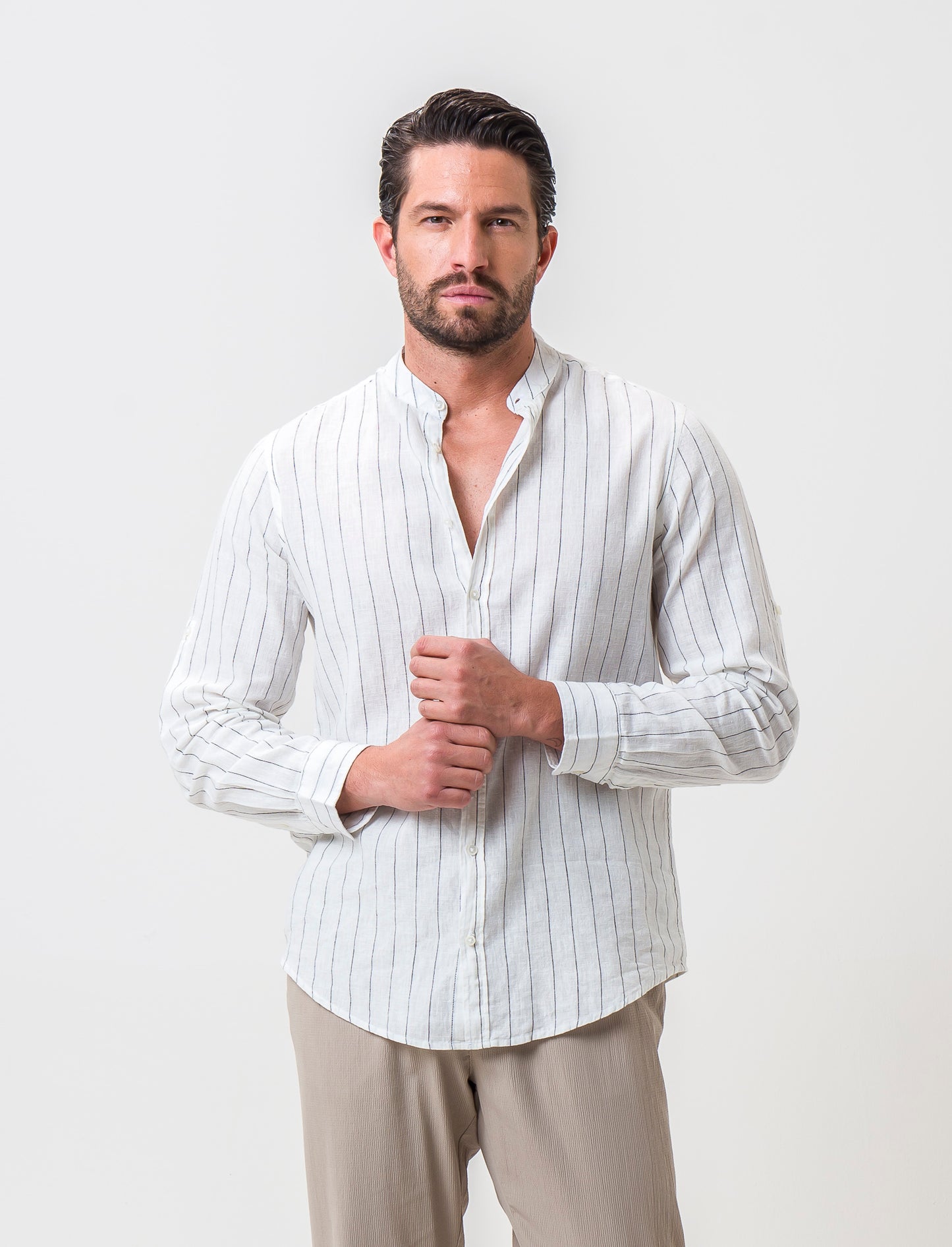 Striped Linen Blend Regular Fit Shirt with Korean Collar - White