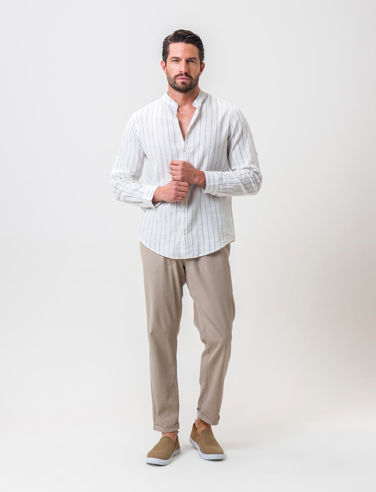 Striped Linen Blend Regular Fit Shirt with Korean Collar - White