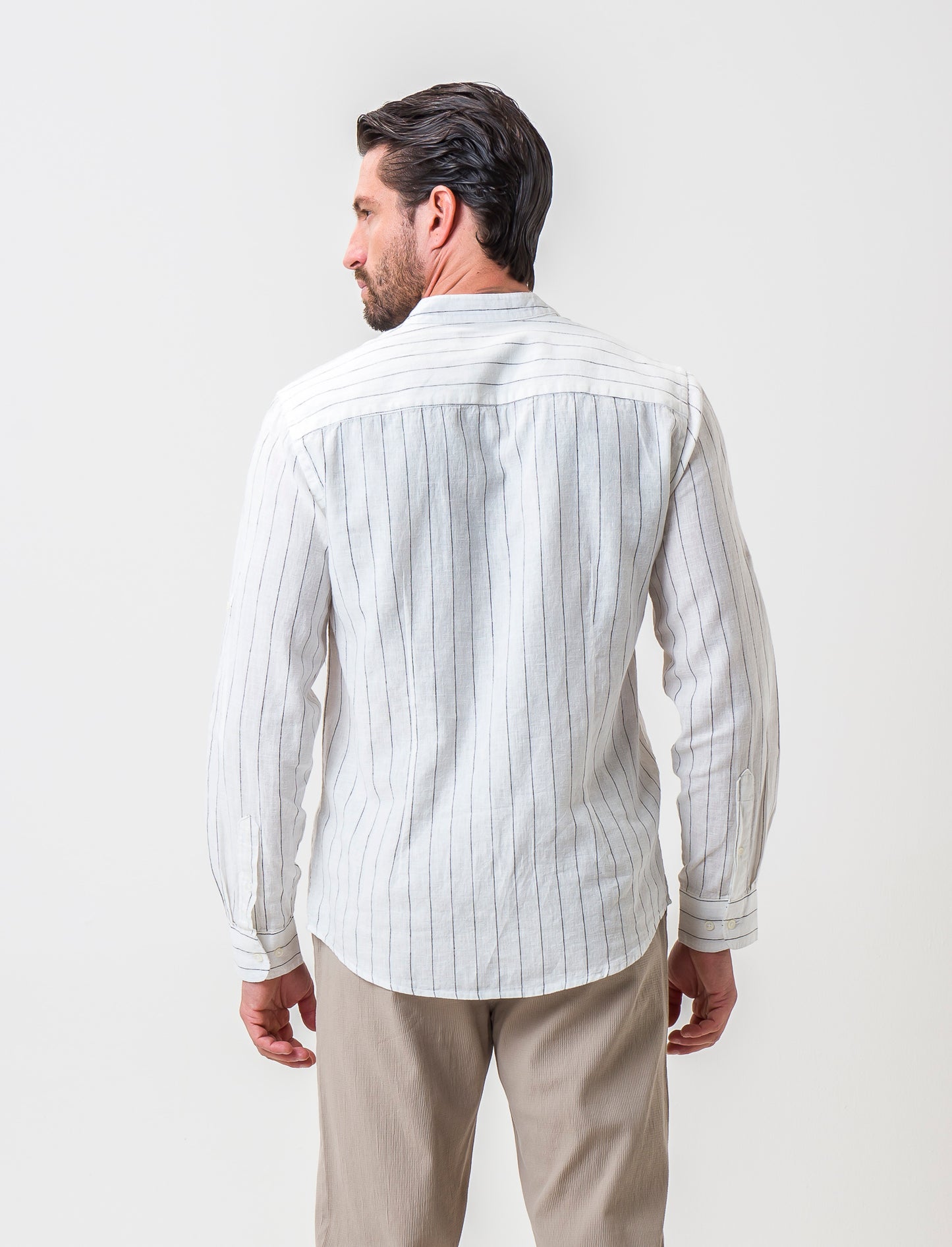 Striped Linen Blend Regular Fit Shirt with Korean Collar - White