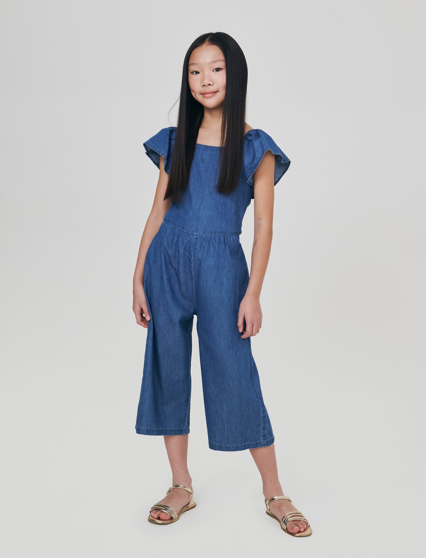 Long chambray overall with ruffles - Blue