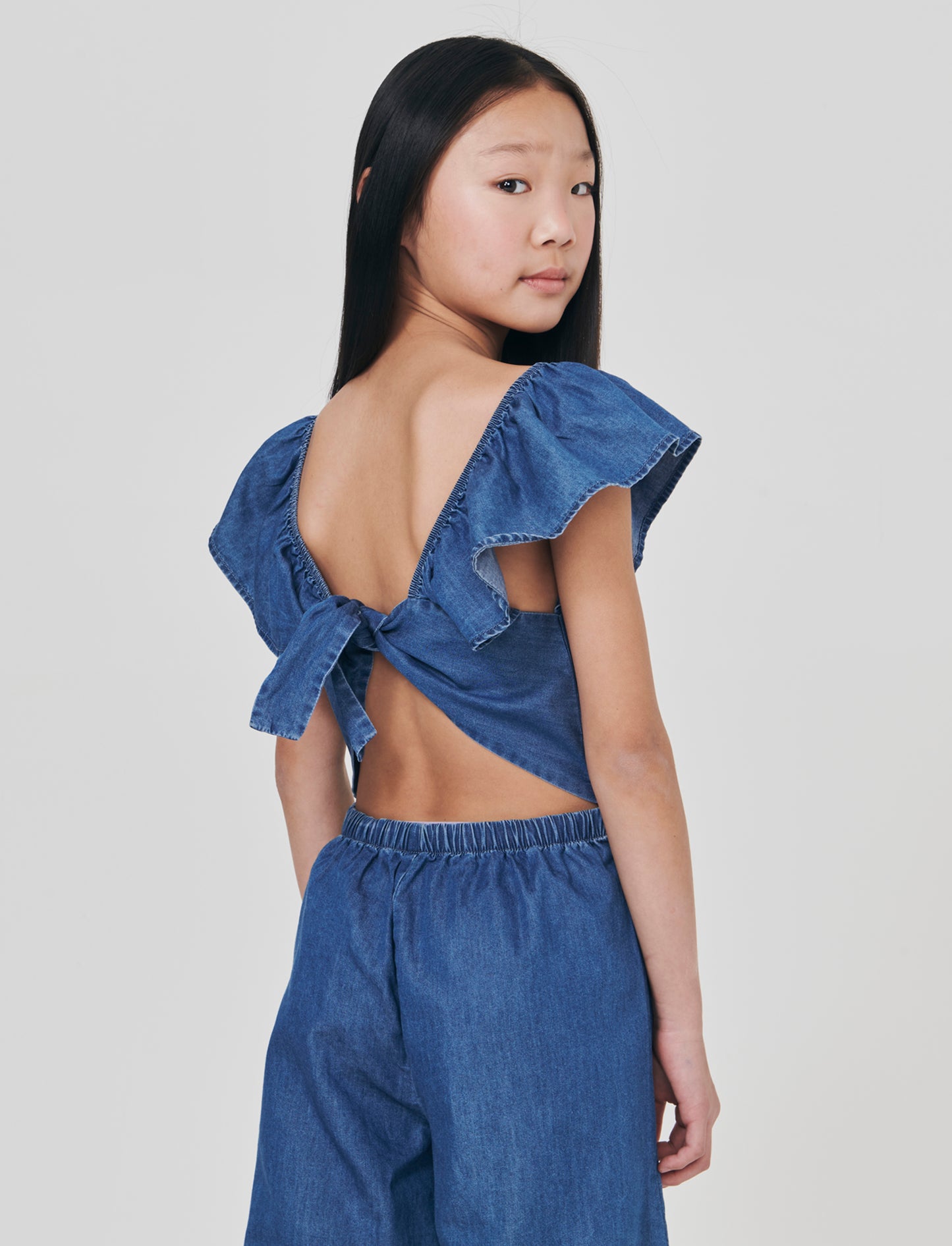 Long chambray overall with ruffles - Blue