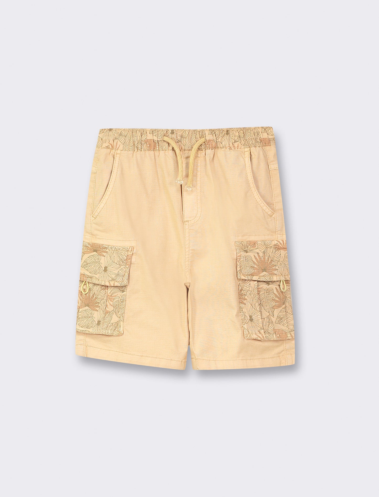 Cotton Bermuda Shorts with Printed Pockets and Drawstring Waist - Beige