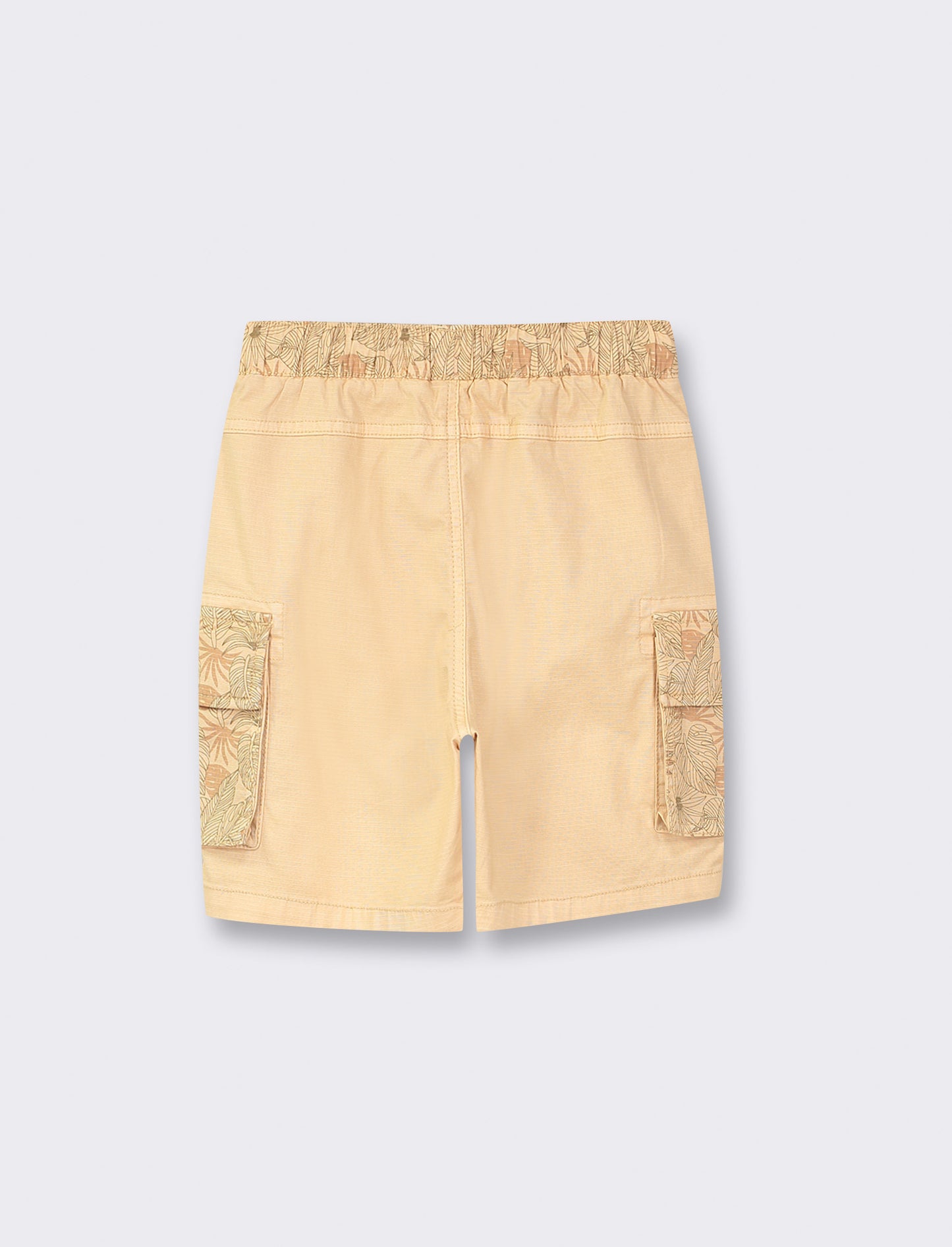 Cotton Bermuda Shorts with Printed Pockets and Drawstring Waist - Beige