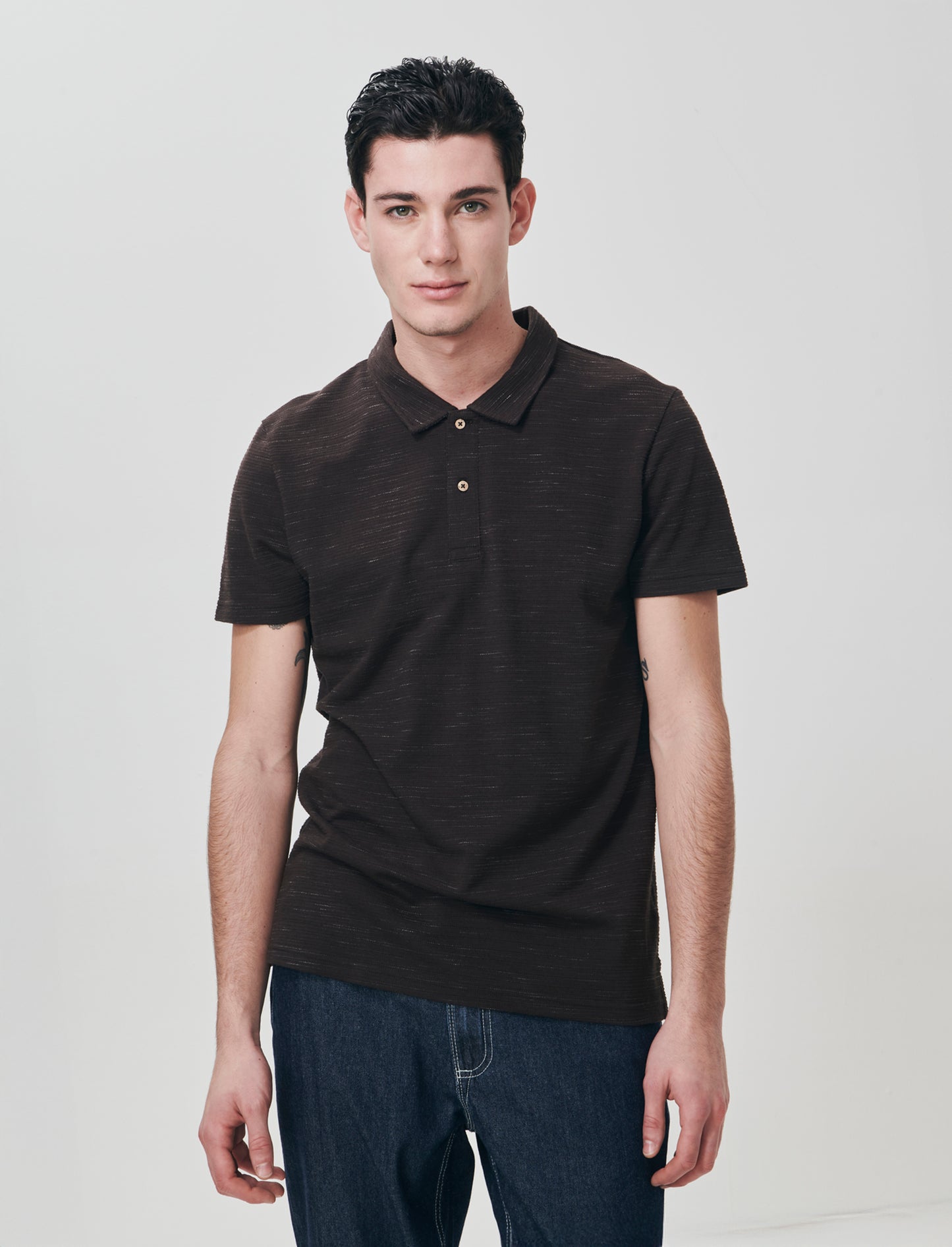 Slub Injected Polo with Revers Collar - Brown