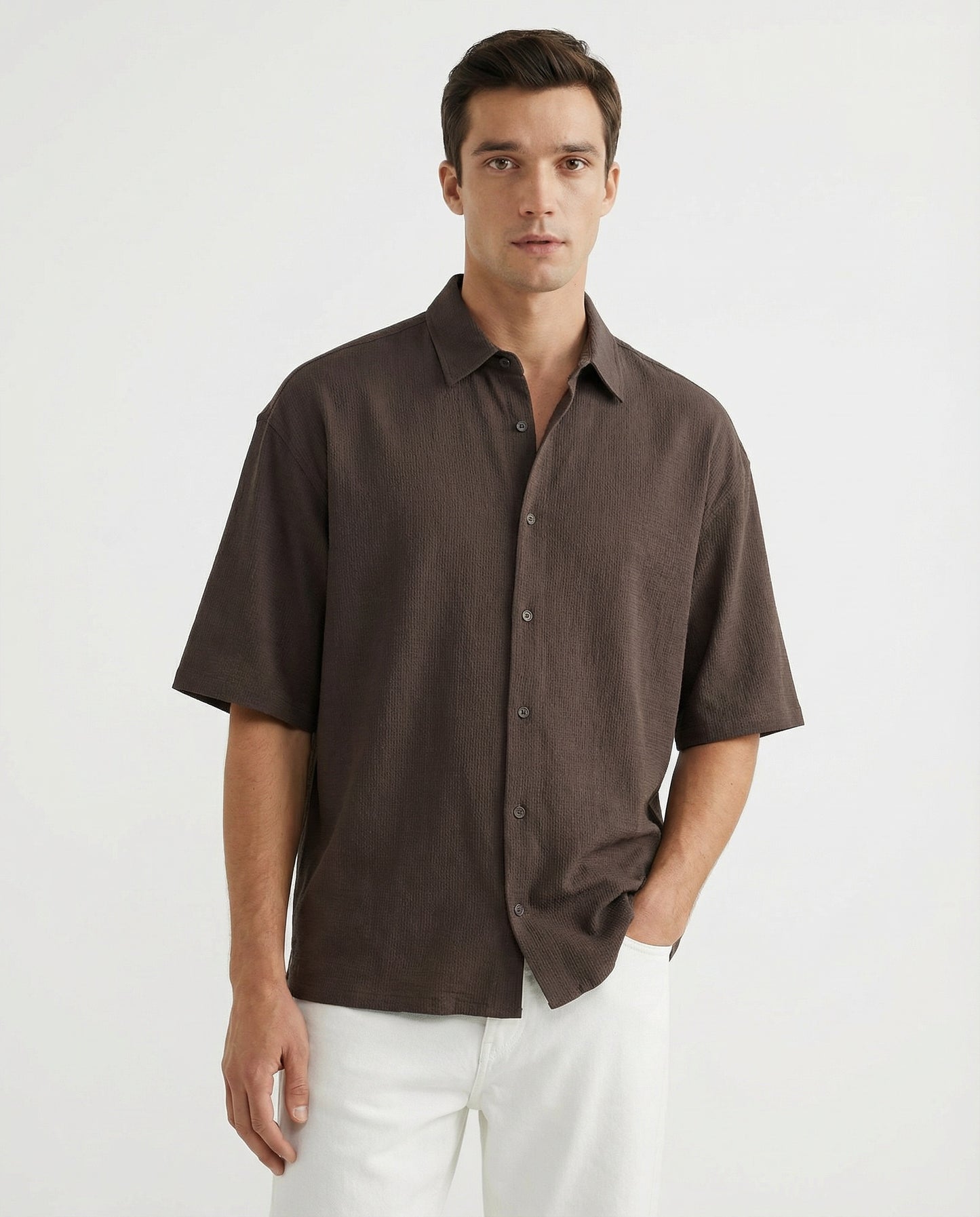 Camicia boxy fit in cotone jacquard - Moro