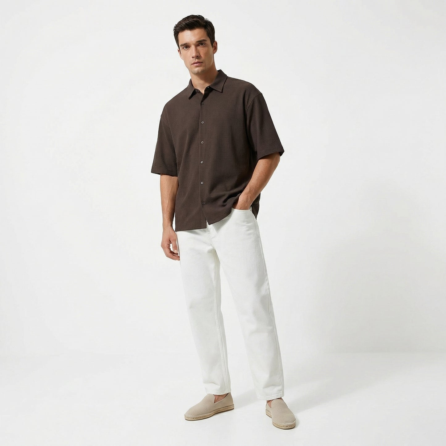 Camicia boxy fit in cotone jacquard - Moro