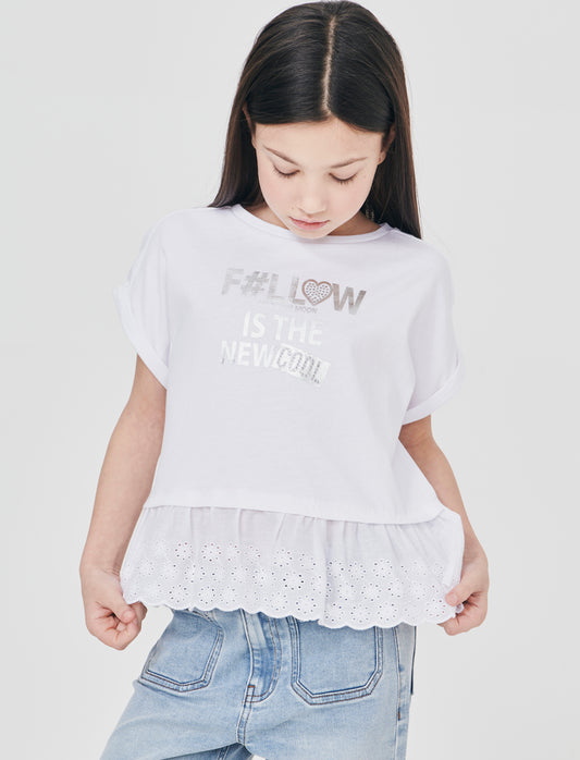 T-shirt elegante con pizzo e strass - Bianco