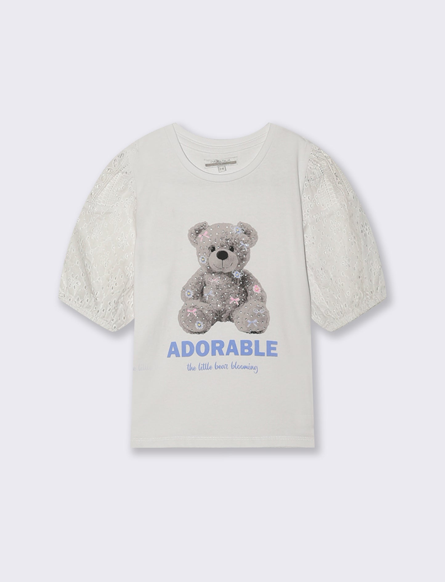 T-shirt in cotone con maniche in pizzo e strass - Bianco