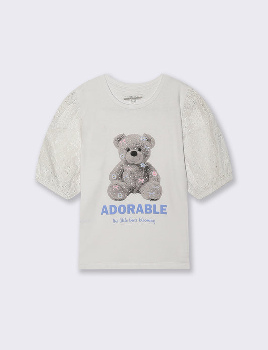 T-shirt in cotone con maniche in pizzo e strass - Bianco