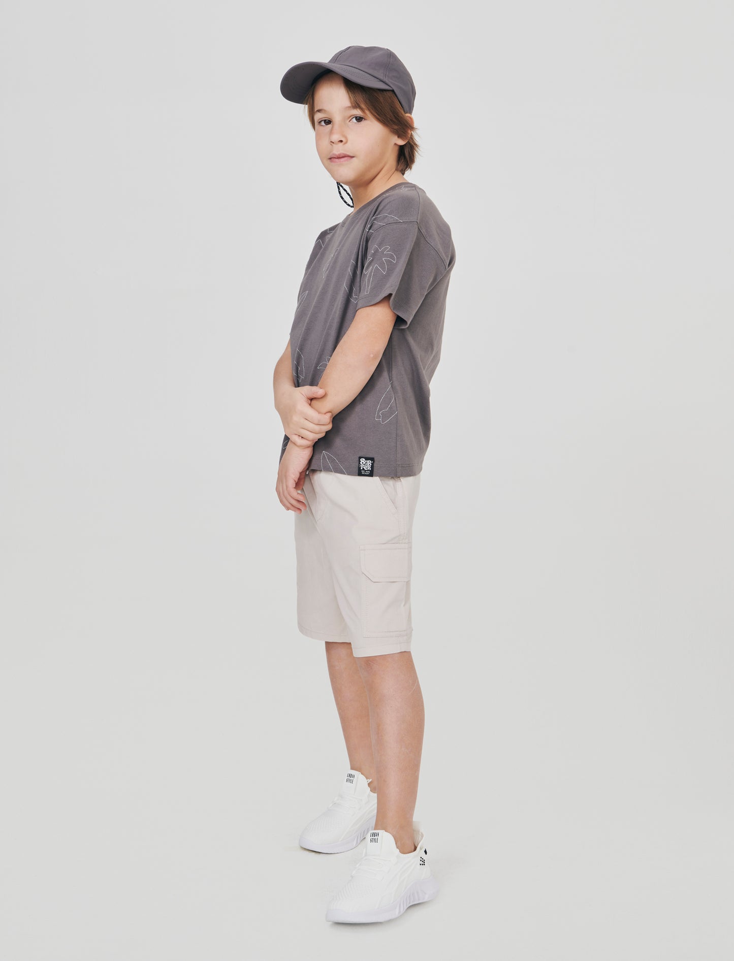 T-shirt mezza manica con ricami palme - Grigio
