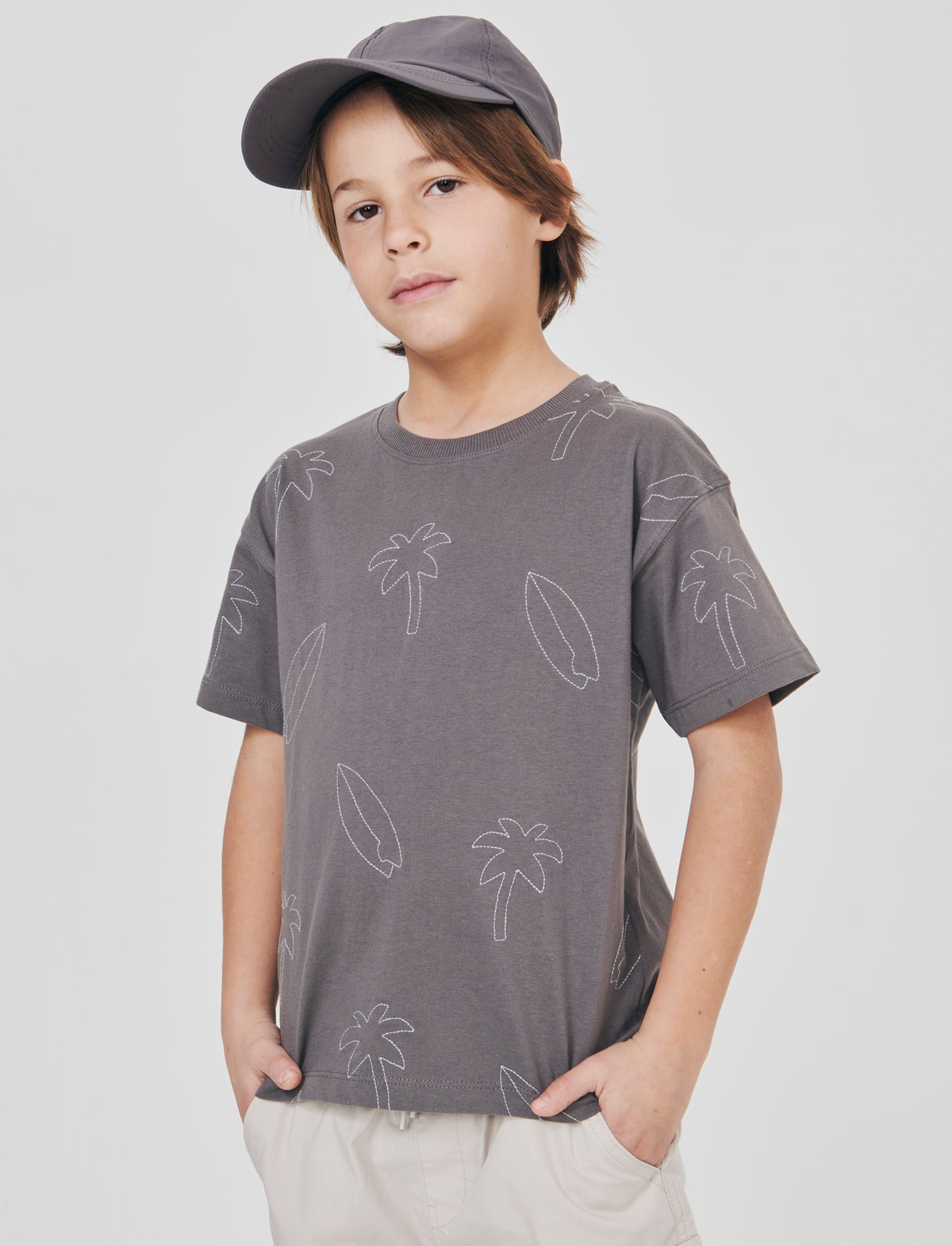T-shirt mezza manica con ricami palme - Grigio