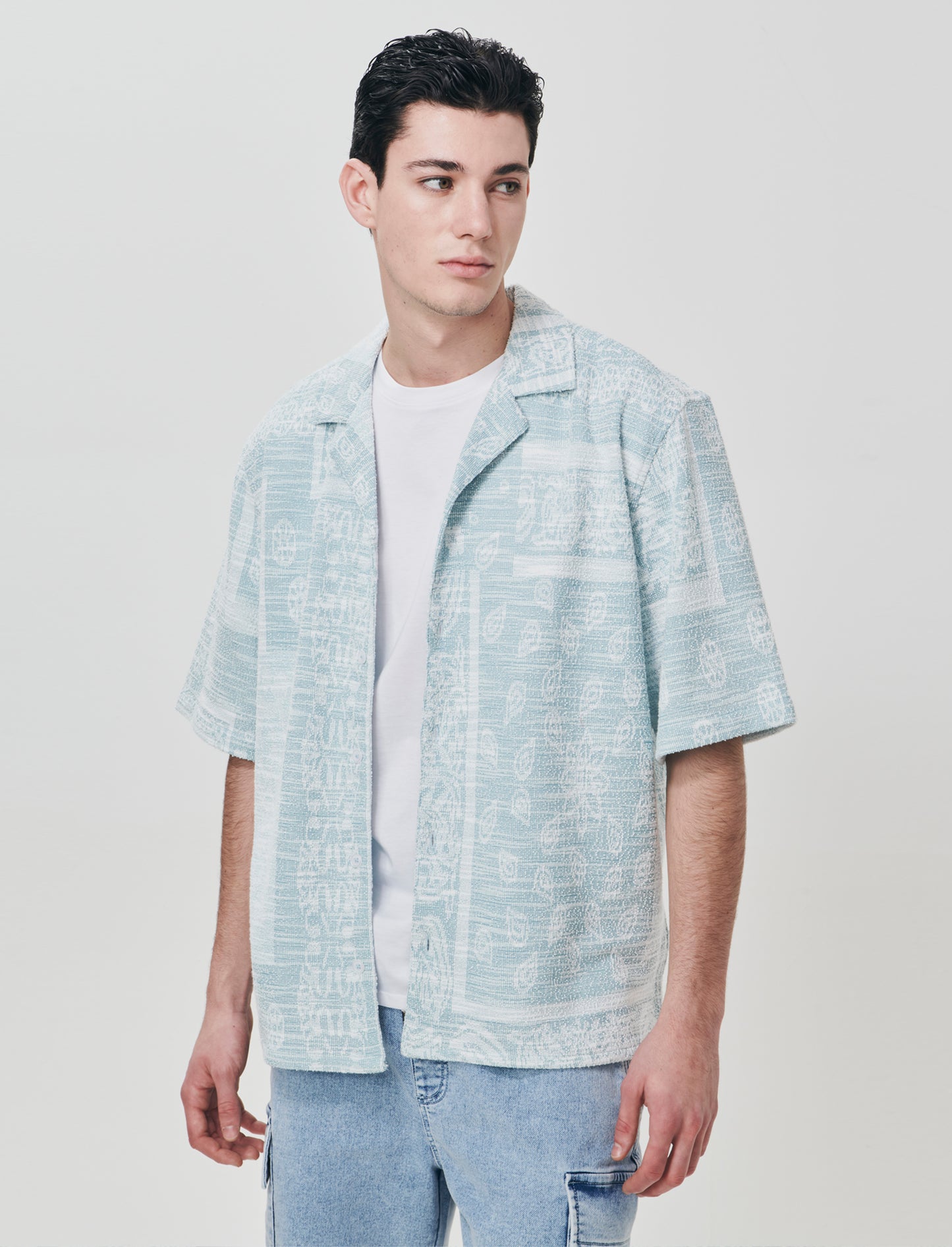 Camicia Boxy Fit in Misto Cotone Fantasia - Verde