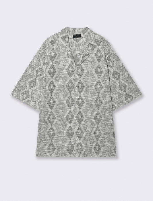 Camicia Boxy Fit in Misto Cotone Fantasia - Beige ecru