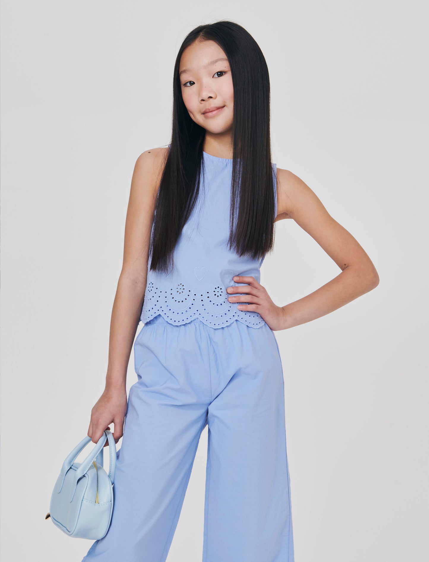 Top in cotone con ricamo - Azzurro