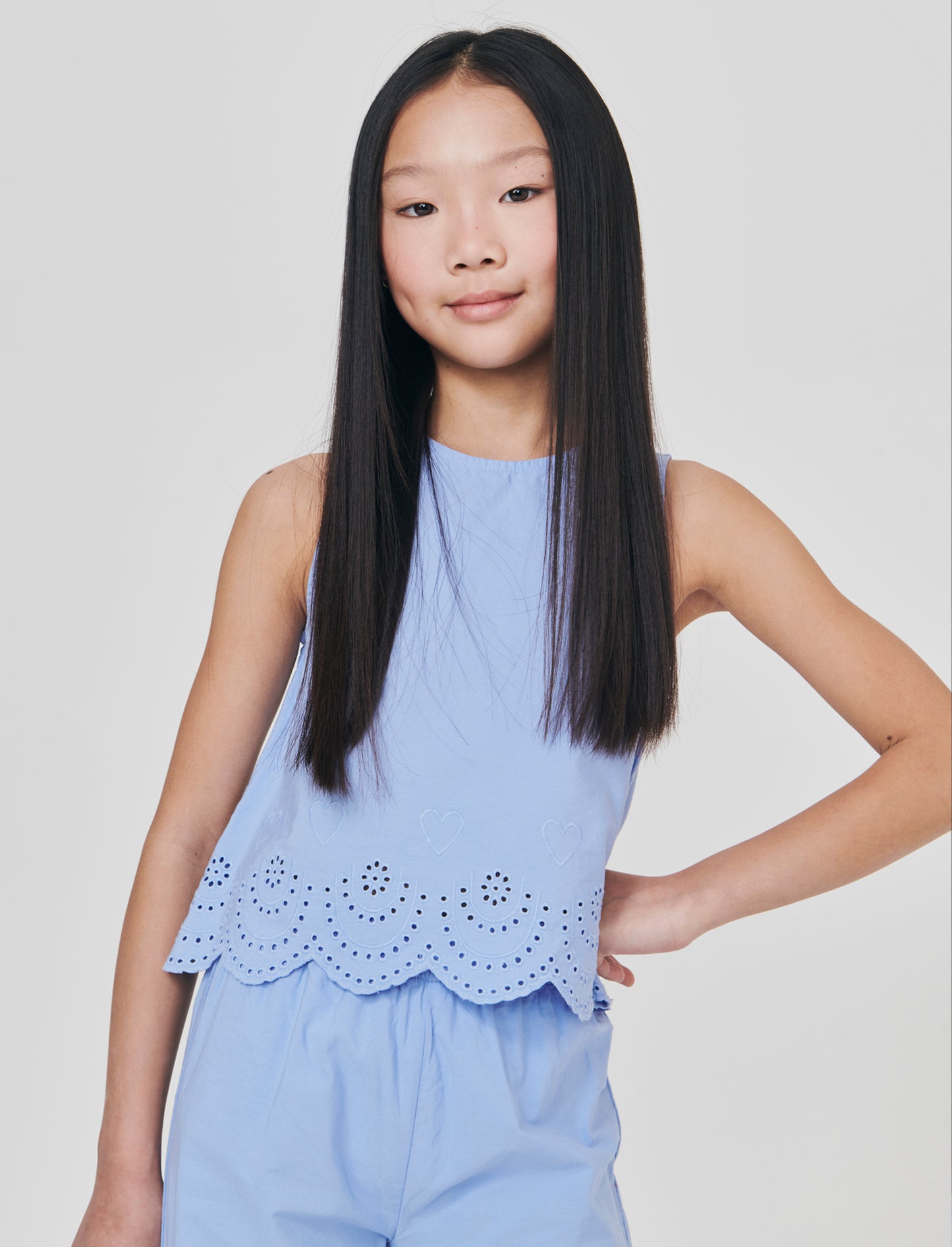 Top in cotone con ricamo - Azzurro