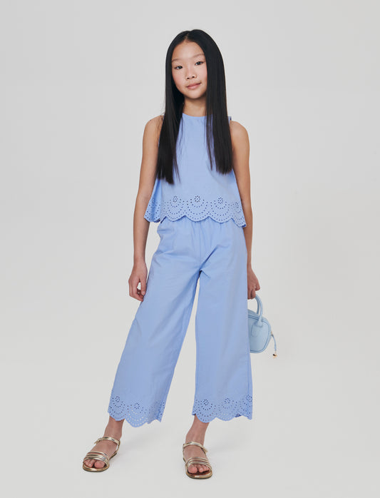 Pantaloni cropped con ricamo Sangallo - Azzurro