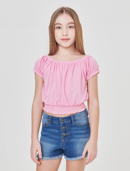 Boat neck top with gathered elastic - Pink
