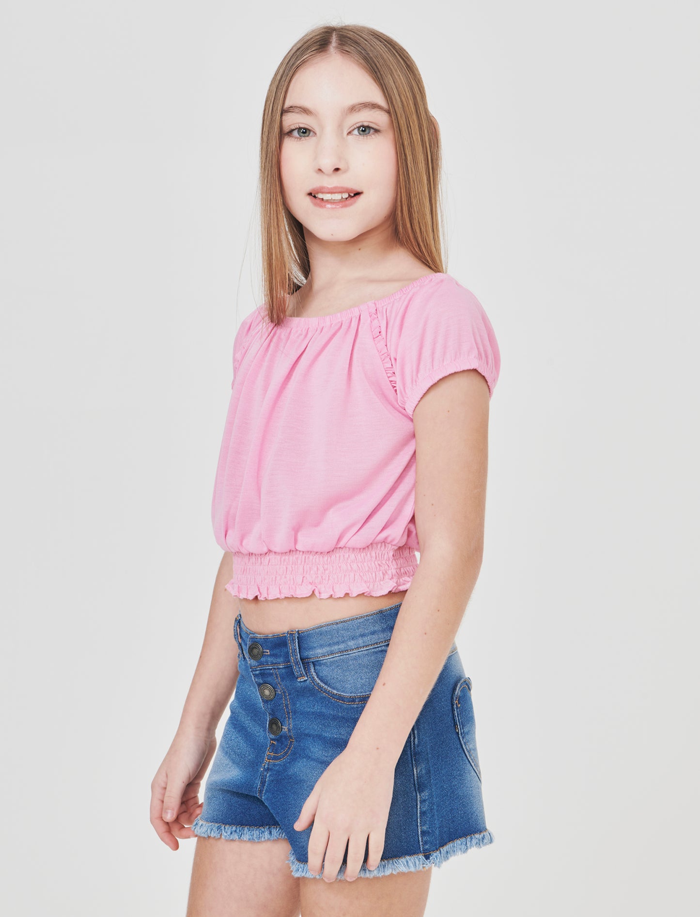 Top scollo a barca con elastico arricciato - Rosa