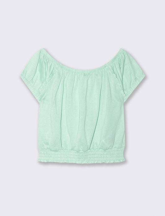 Boat neck top with gathered elastic - Green
