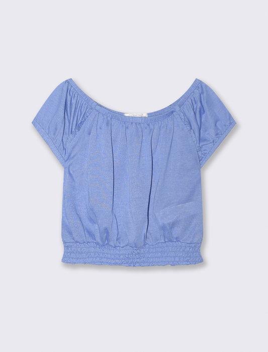 Boat neck top with gathered elastic - Sky blue