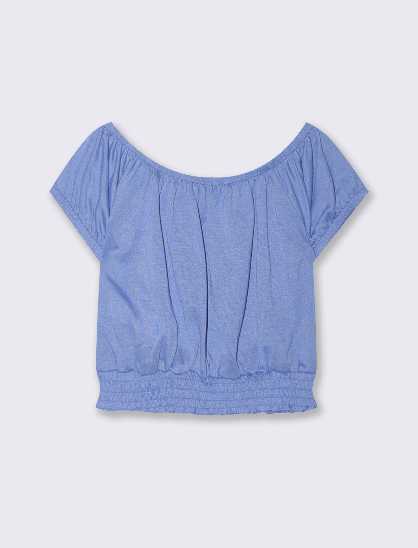 Top scollo a barca con elastico arricciato - Azzurro cielo