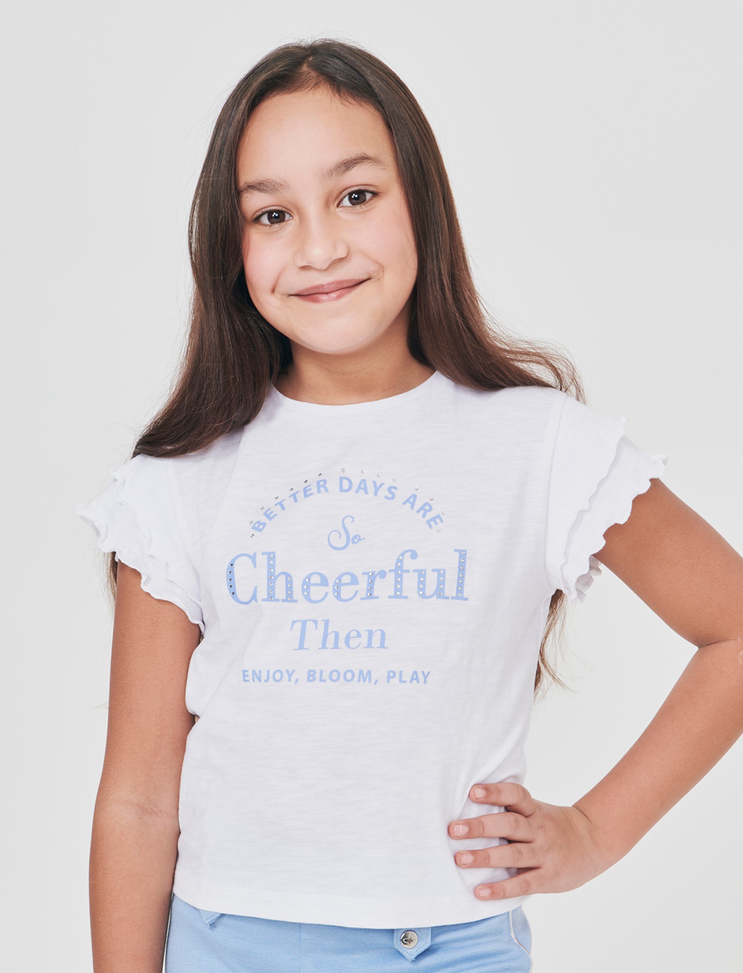 T-shirt girocollo con strass e stampa - Bianco