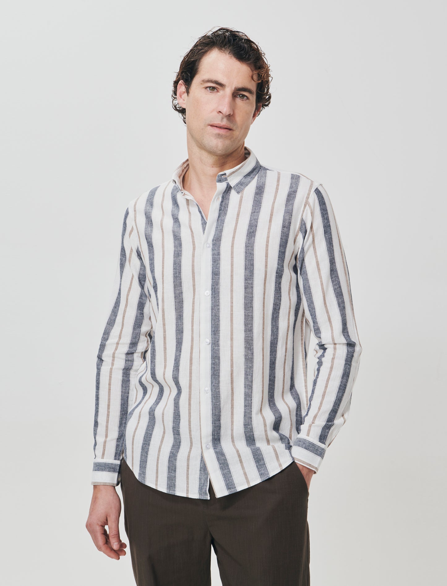 Camicia a righe in cotone e lino - Bianco