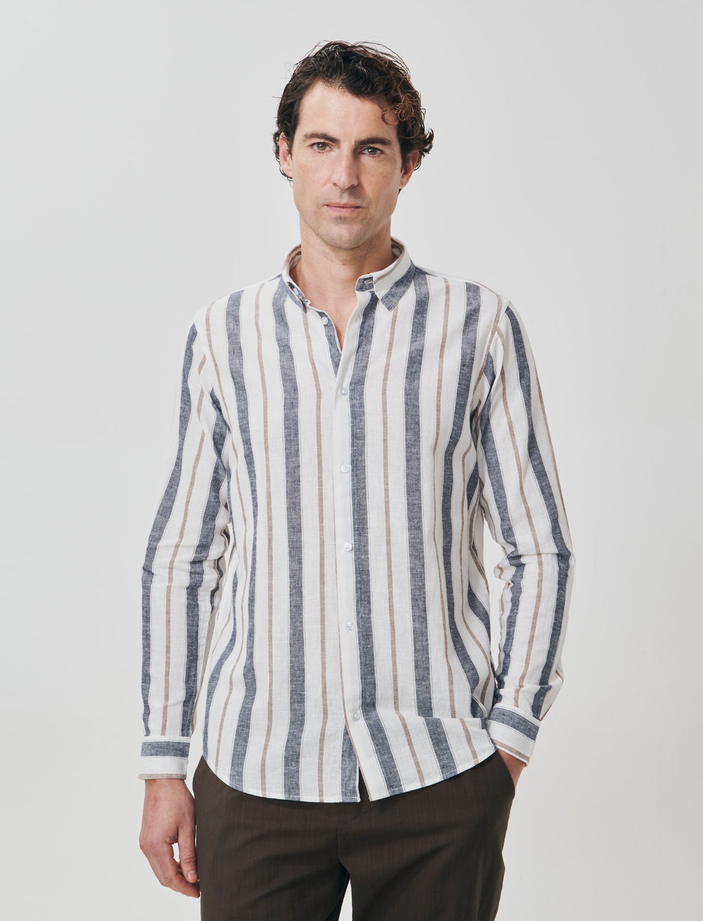 Camicia a righe in cotone e lino - Bianco