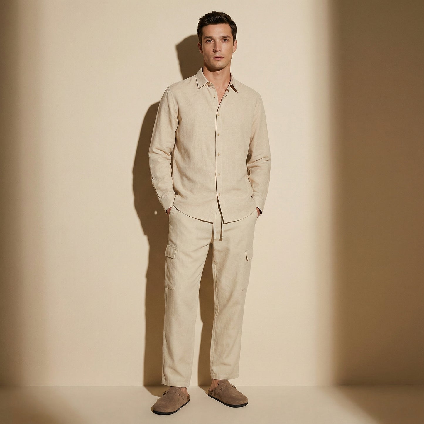 Camicia melange in cotone e lino - Beige ecru