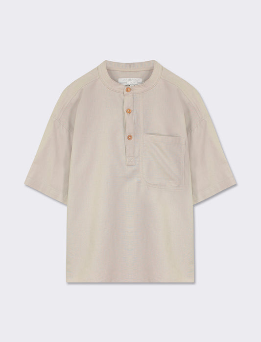 Linen Blend Short-Sleeve Shirt with Mandarin Collar and Front Pocket - Beige