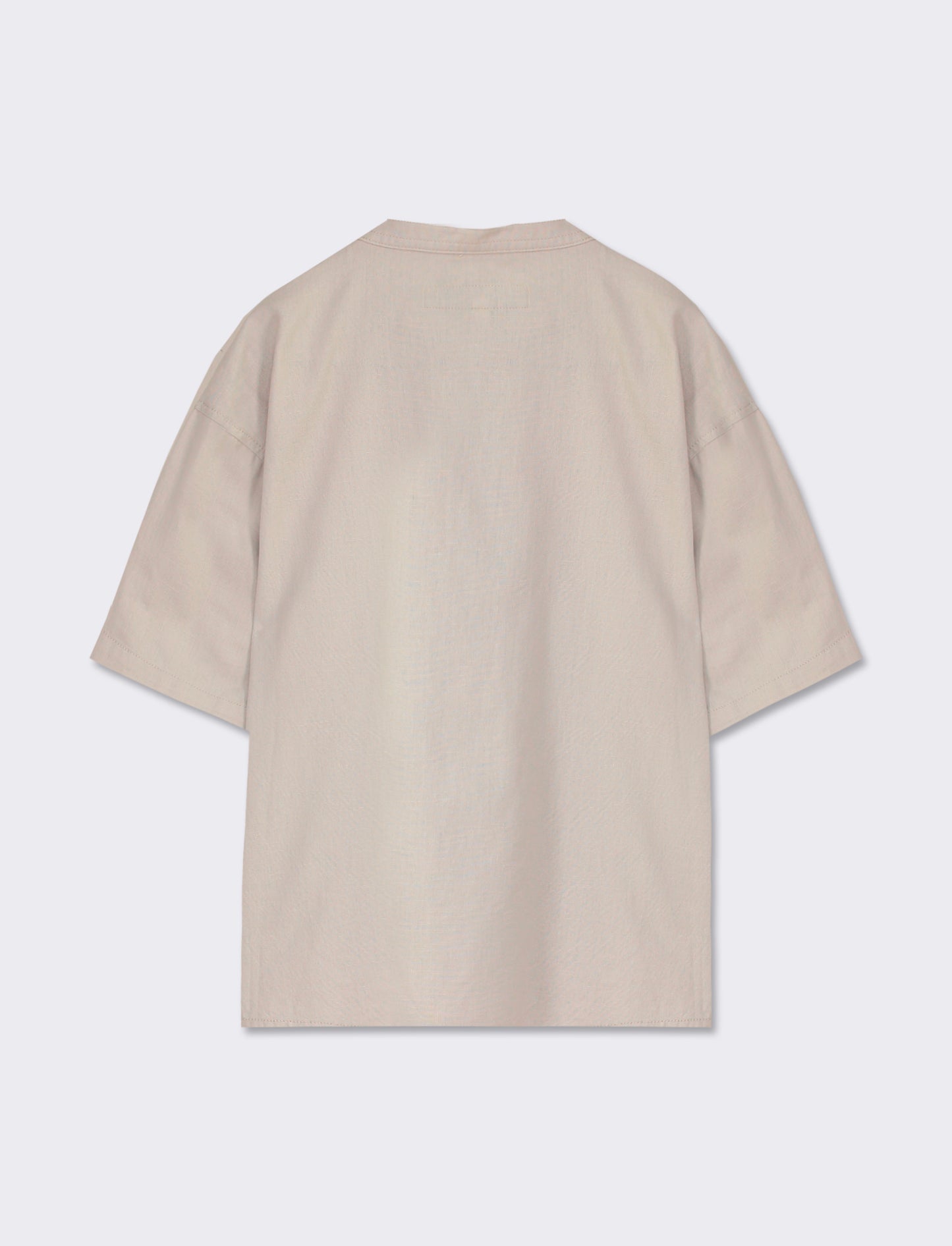 Linen Blend Short-Sleeve Shirt with Mandarin Collar and Front Pocket - Beige