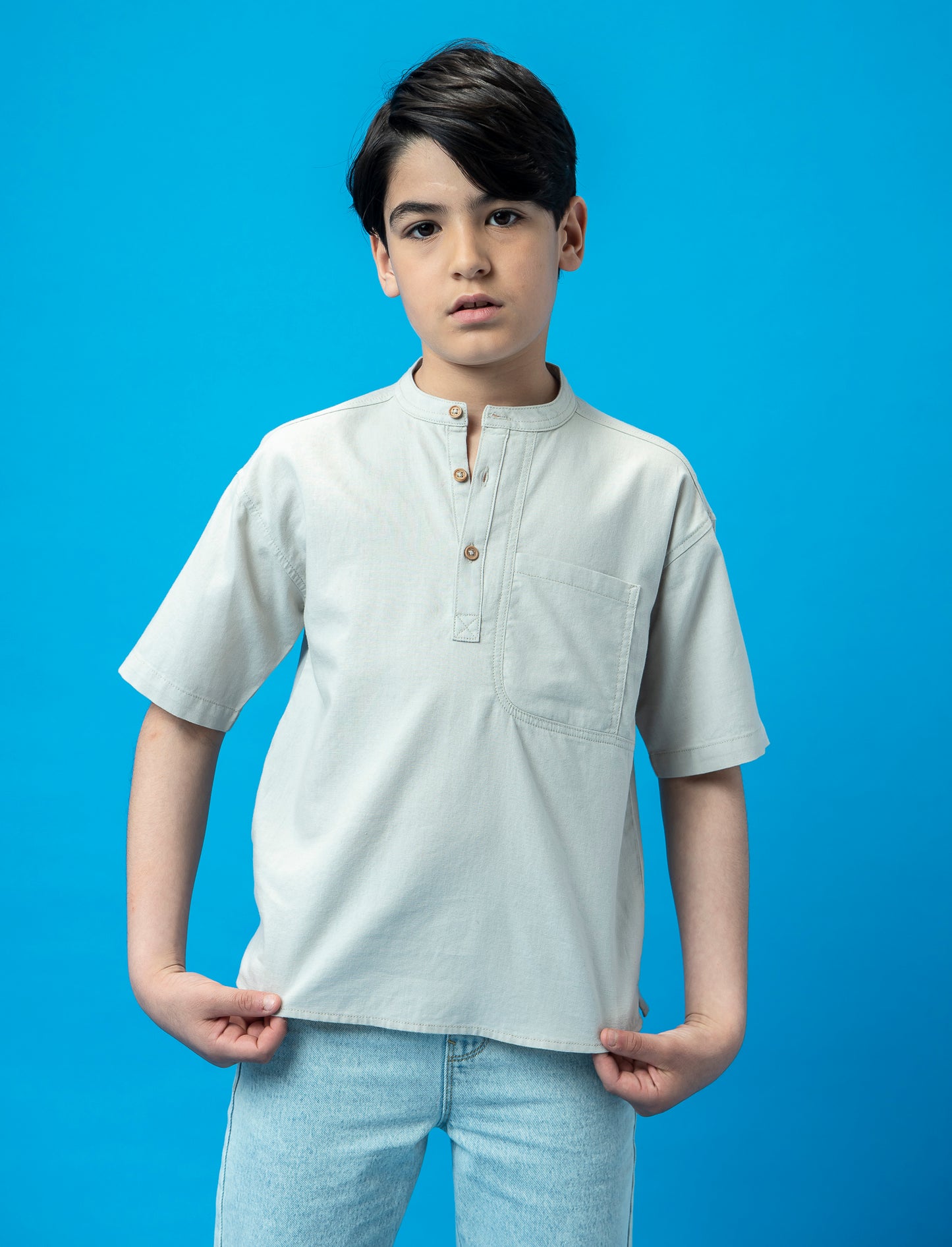 Linen Blend Short-Sleeve Shirt with Mandarin Collar and Front Pocket - Beige