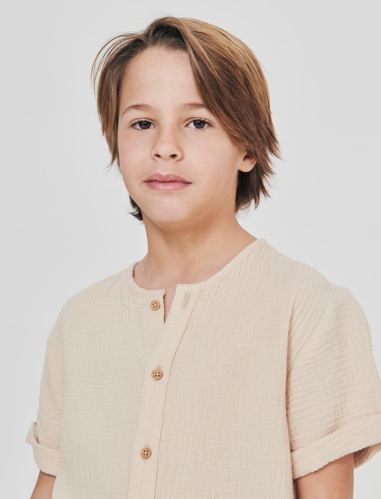 Camicia rigata in cotone e lino - Beige