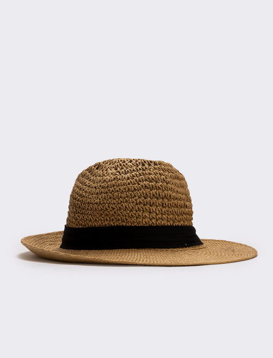 Cappello in paglia con banda nera uomo - Beige