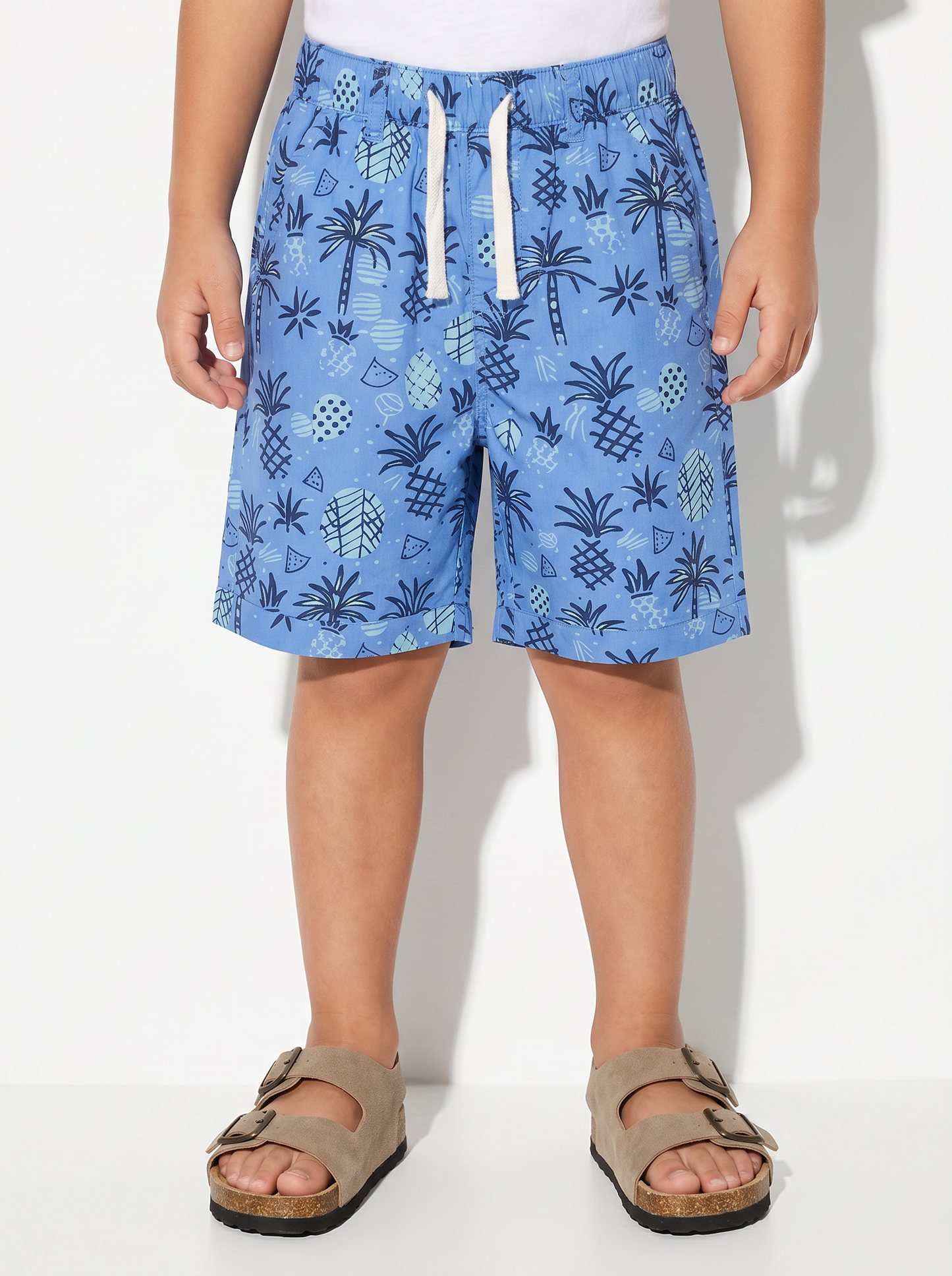 Short in cotone stampato con lacci - Azzurro