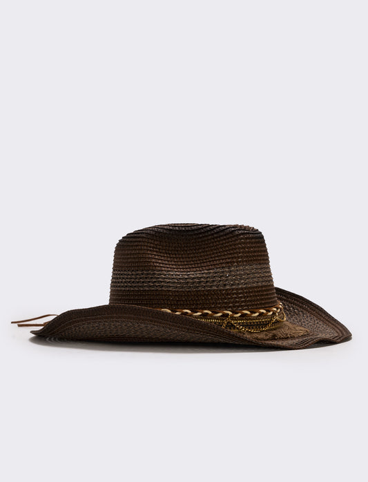 Cappello cowboy frangiato con catenina - Marrone