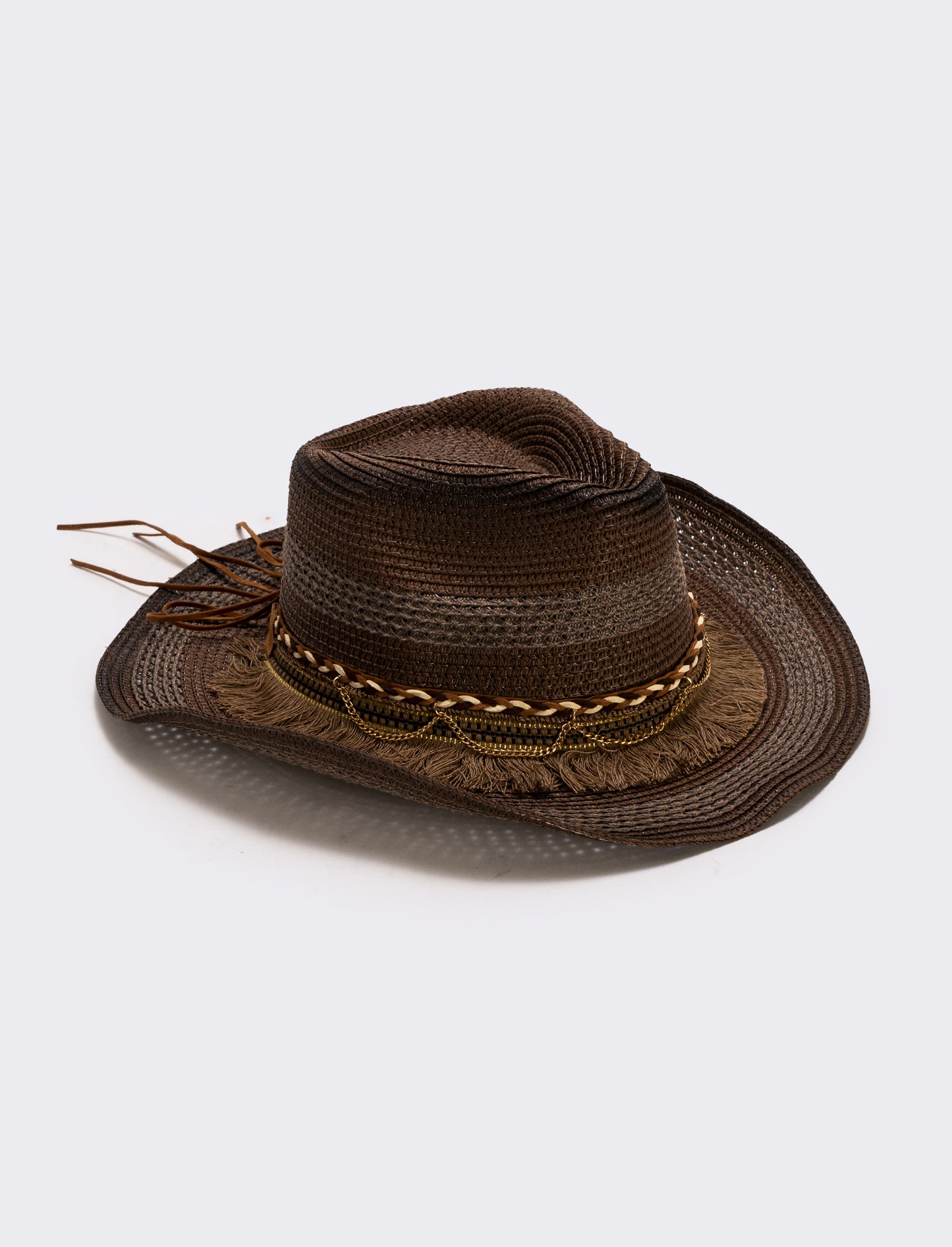 Cappello cowboy frangiato con catenina - Marrone