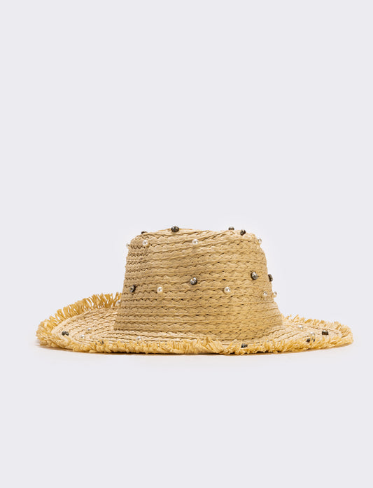 Cowboy hat with pearls and rhinestones - White