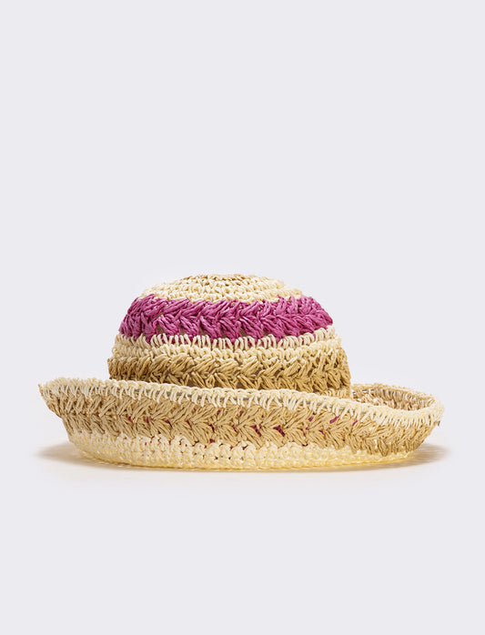 Woven striped straw hat - Fuxia