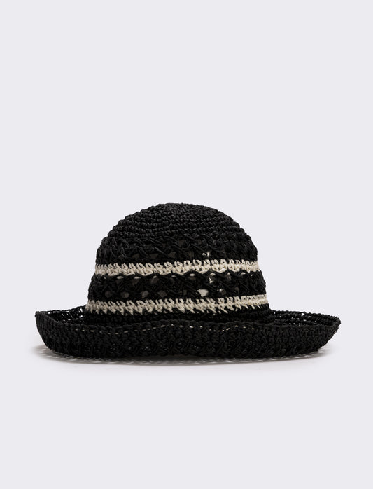 Cappello in paglia a doppio righino - Nero