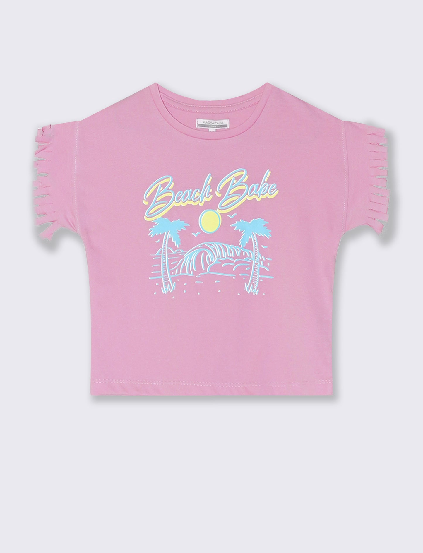 T-shirt mezza manica con frange e stampa - Rosa